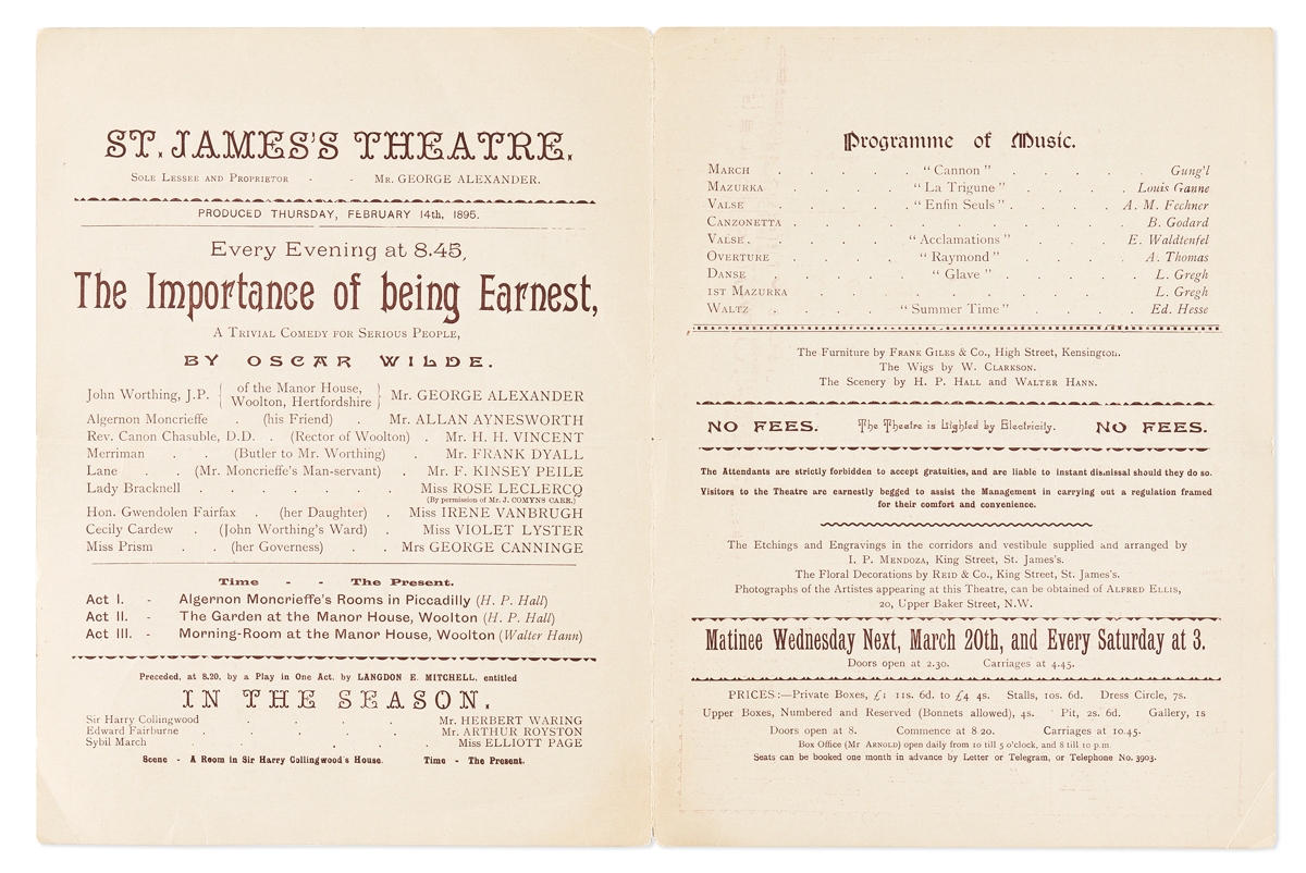 OSCAR WILDE (1854-1900) Program from the original production of The Importance of Being Earnest at St. Jamess Theatre.
